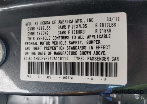 2012 Honda Accord 2.4 Se z USA, uszkodzony, nr VIN 1HGCP2F64CA116110